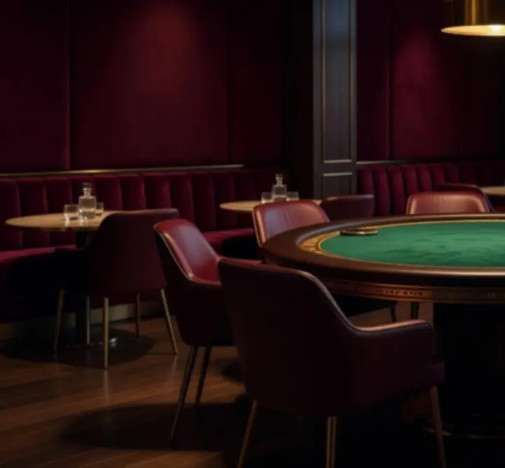 Elegáns pókerasztalok hangulatos fényekkel a Lounge terében