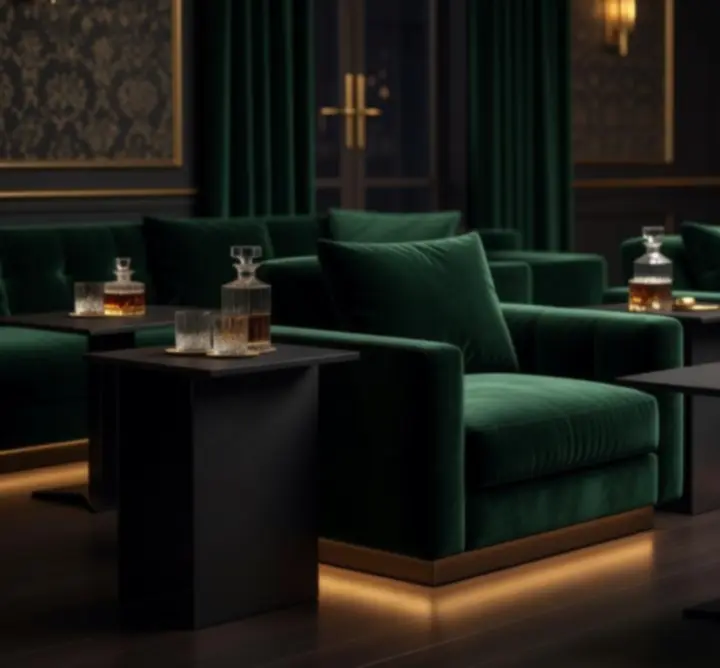 Mélyzöld és arany akcentusokkal berendezett, modern lounge enteriőr