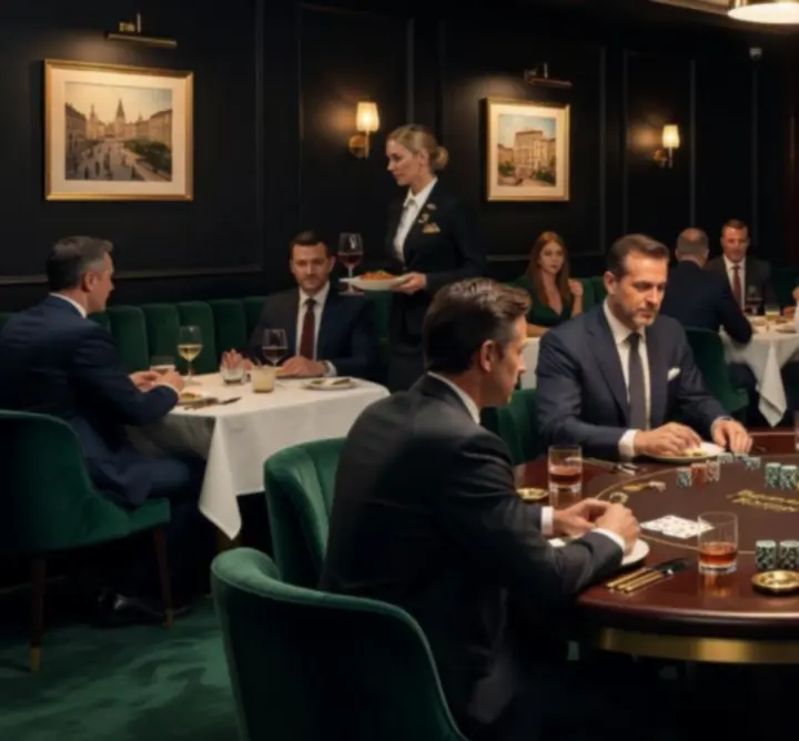 Elegáns, félhomályos póker lounge professzionális asztalokkal a Royal Meeting Hubban