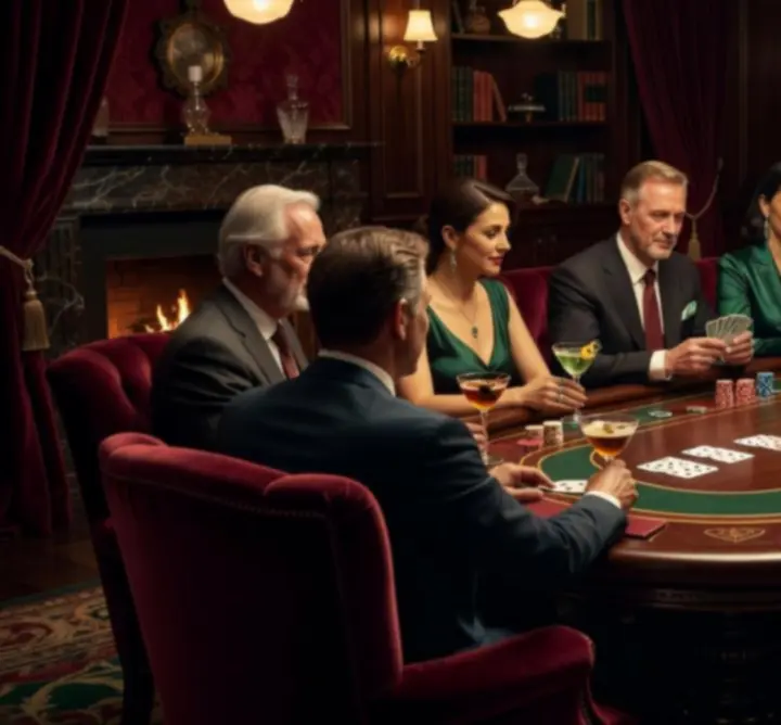 Intim fényekkel megvilágított elegáns pókerasztal és lounge tér