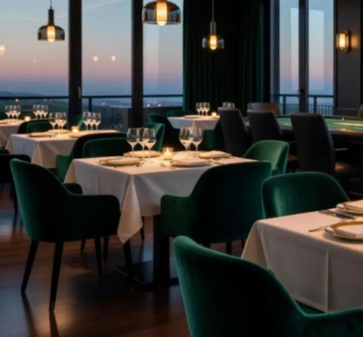 Elegáns magyar étterem gyertyafényes asztalokkal és exkluzív lounge hangulattal
