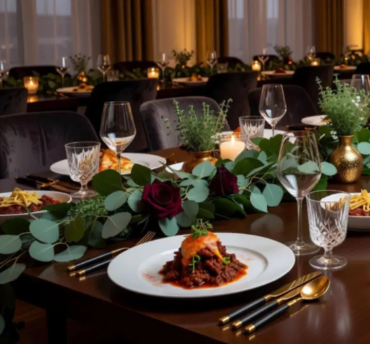 Elegánsan terített vacsoraasztal gyertyafénnyel és gourmet fogásokkal